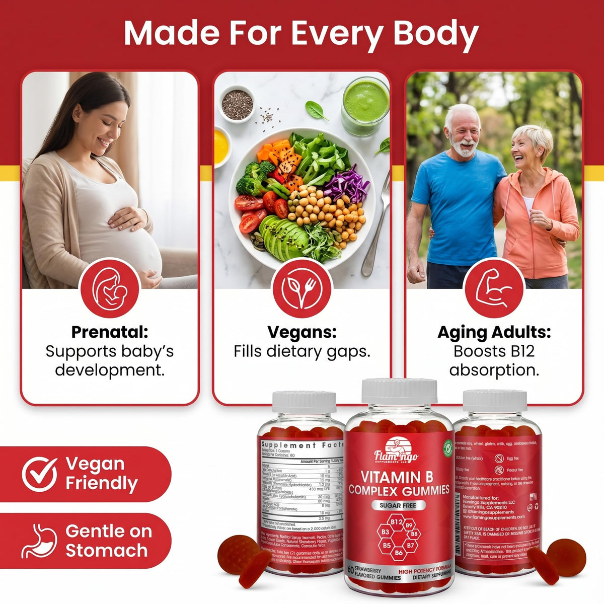 Sugar Free Vitamin B Complex Gummies - Vitamin B12, B7, B6, B3 (Niacin), B5, B8, B9 (Folate)- Third Party Tested- Prenatal, Vegan Diet, Older Adults - FENGGESTORE20