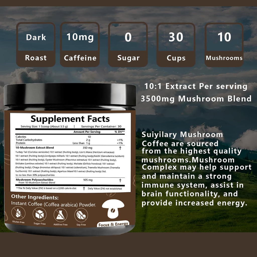 Suiyilary 10 Mushroom Coffee with Arabica w, Lion's Mane, Reishi, Mushroom Polysaccharides & More, Instant Mushrooms Powder for Focus, Immunity Boost, - FENGGESTORE20