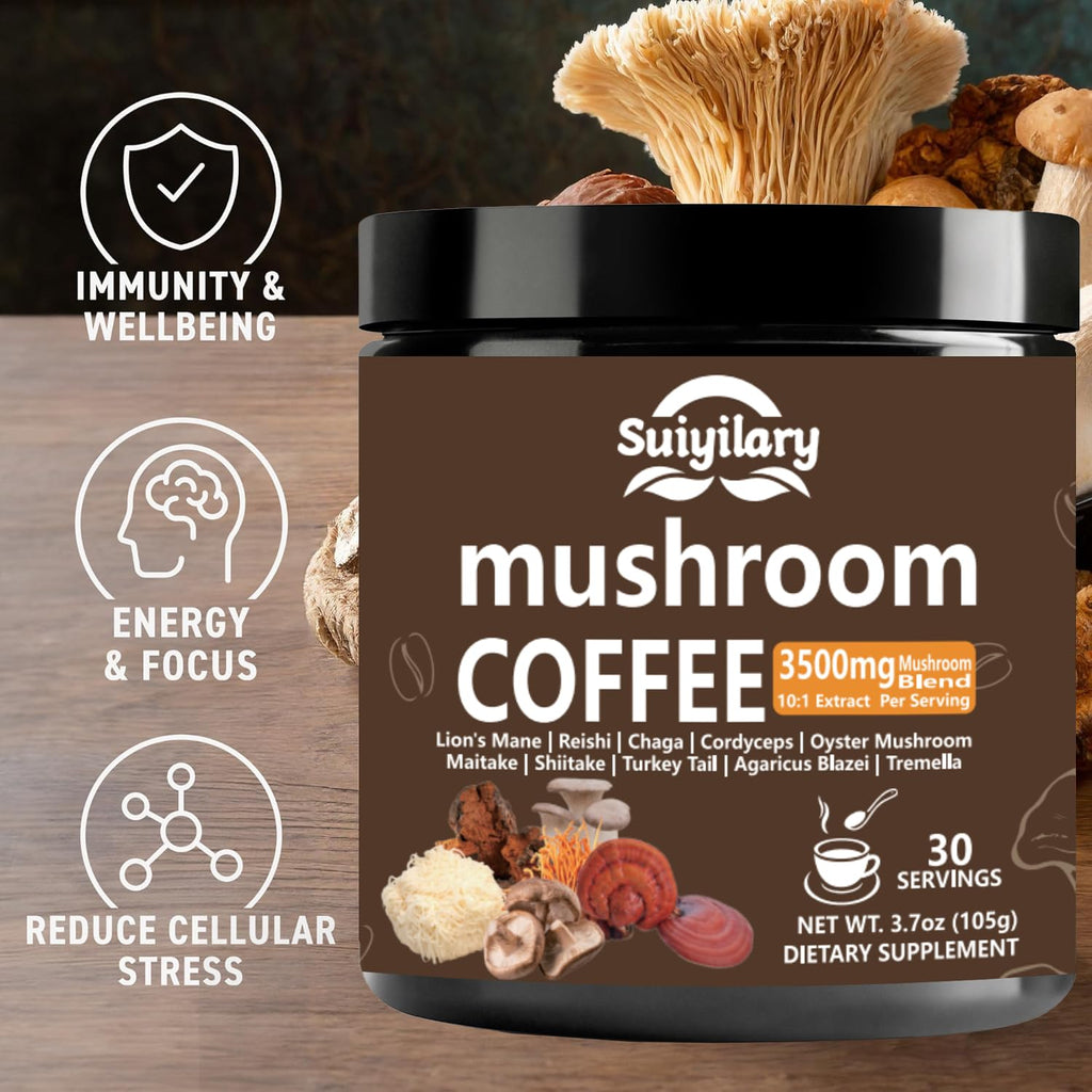 Suiyilary 10 Mushroom Coffee with Arabica w, Lion's Mane, Reishi, Mushroom Polysaccharides & More, Instant Mushrooms Powder for Focus, Immunity Boost, - FENGGESTORE20