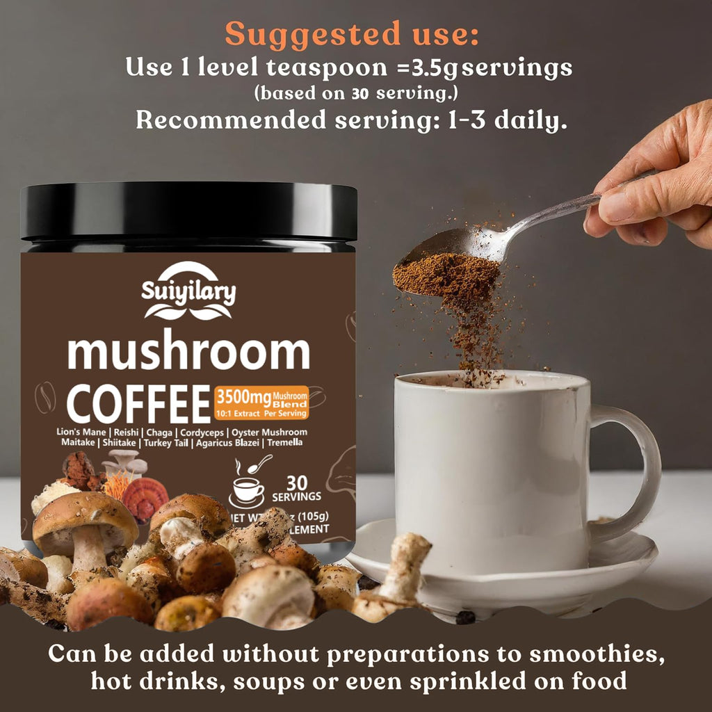 Suiyilary 10 Mushroom Coffee with Arabica w, Lion's Mane, Reishi, Mushroom Polysaccharides & More, Instant Mushrooms Powder for Focus, Immunity Boost, - FENGGESTORE20