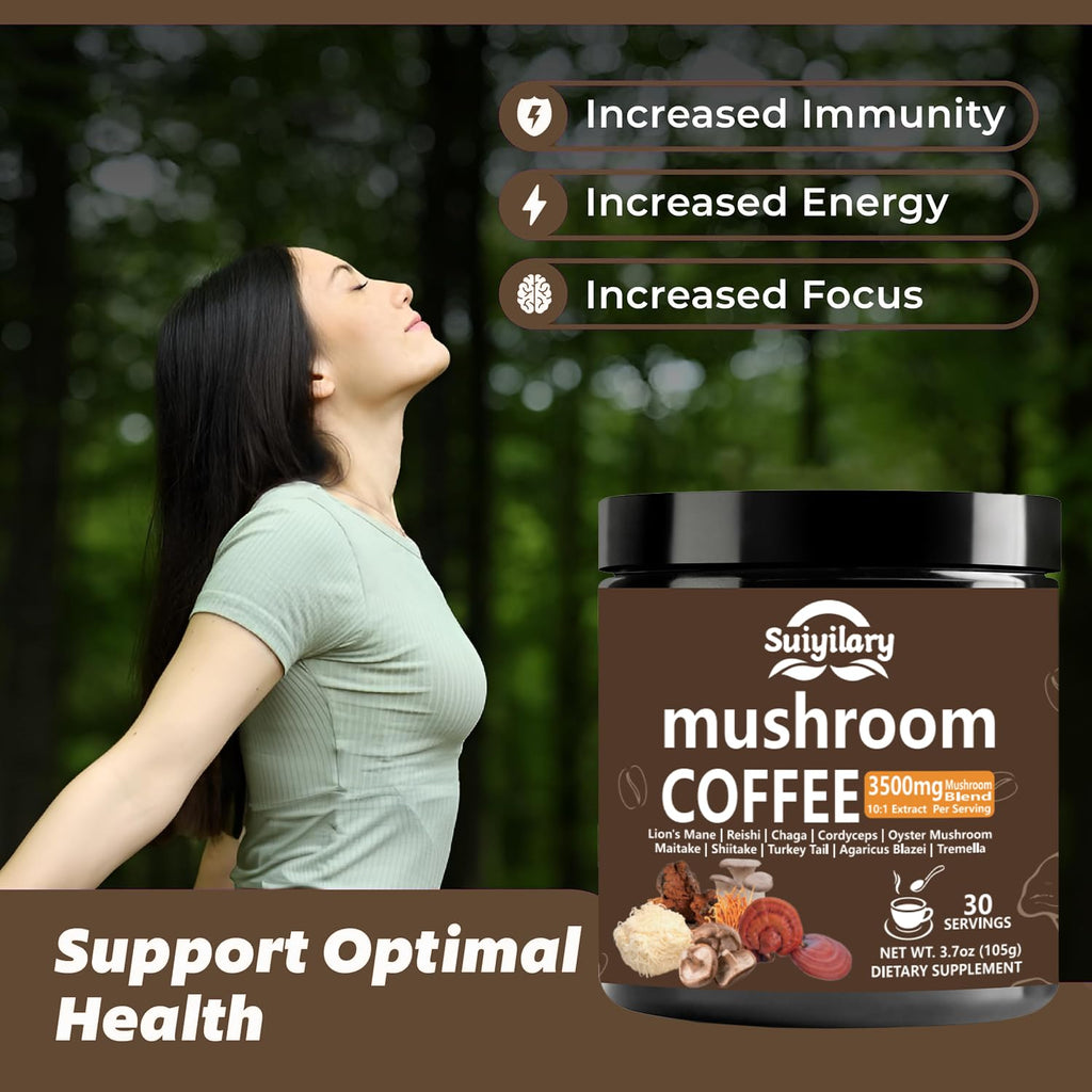 Suiyilary 10 Mushroom Coffee with Arabica w, Lion's Mane, Reishi, Mushroom Polysaccharides & More, Instant Mushrooms Powder for Focus, Immunity Boost, - FENGGESTORE20