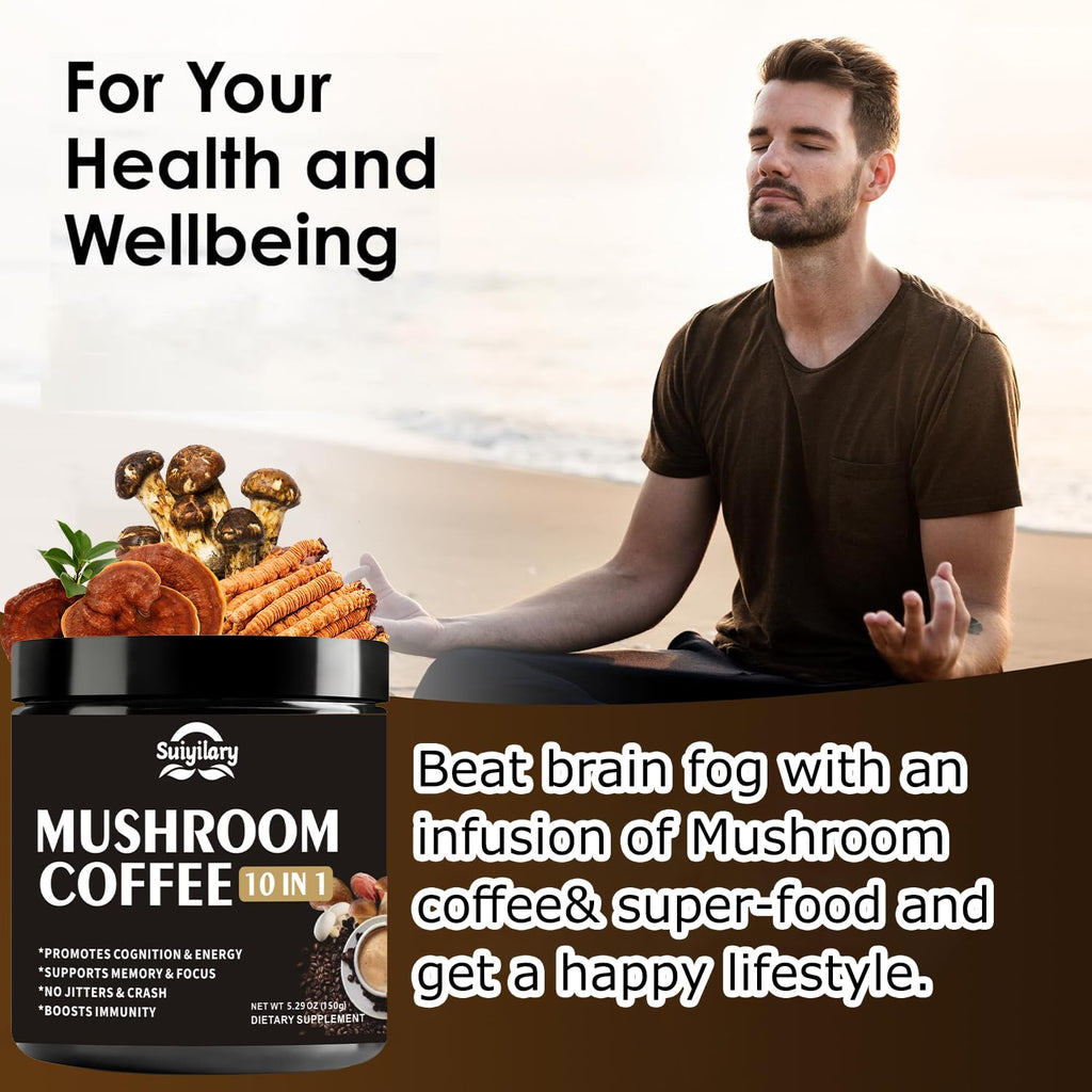 Suiyilary Mushroom Coffee, 10 Mushroom Extract Powder Blend Lion's Mane, Reishi, Chaga - FENGGESTORE20