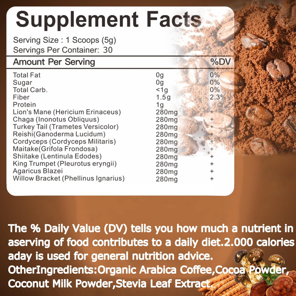 Suiyilary Mushroom Coffee, 10 Mushroom Extract Powder Blend Lion's Mane, Reishi, Chaga - FENGGESTORE20