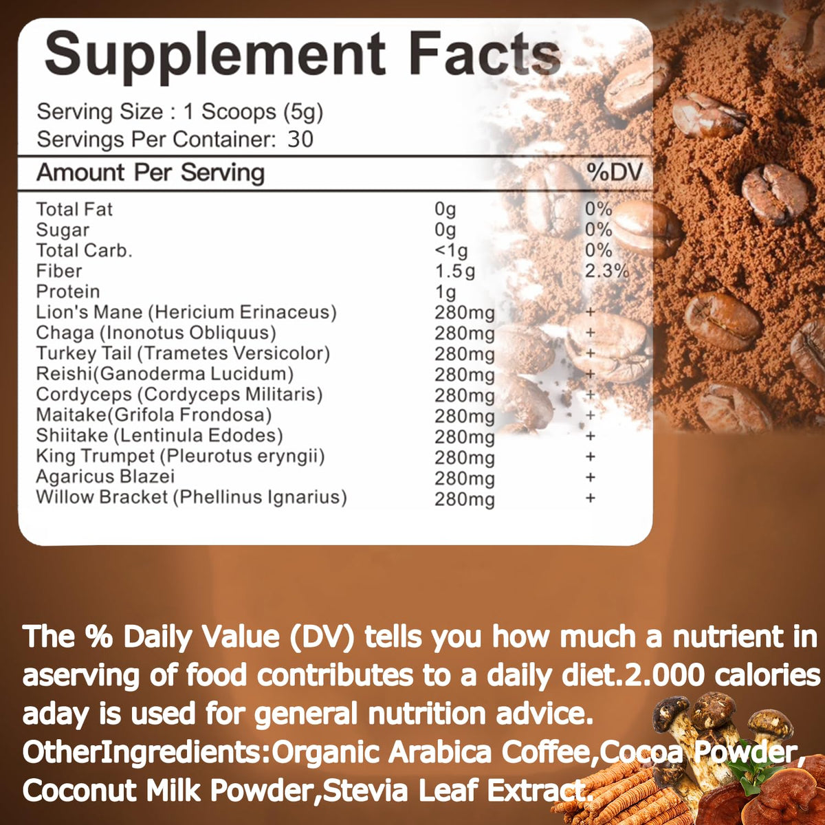 Suiyilary Mushroom Coffee, 10 Mushroom Extract Powder Blend Lion's Mane, Reishi, Chaga - FENGGESTORE20