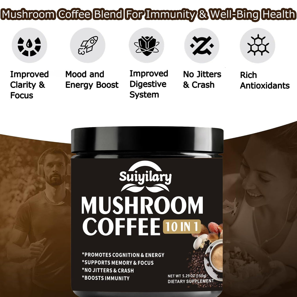 Suiyilary Mushroom Coffee, 10 Mushroom Extract Powder Blend Lion's Mane, Reishi, Chaga - FENGGESTORE20