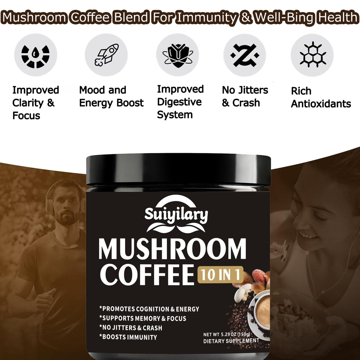 Suiyilary Mushroom Coffee, 10 Mushroom Extract Powder Blend Lion's Mane, Reishi, Chaga - FENGGESTORE20