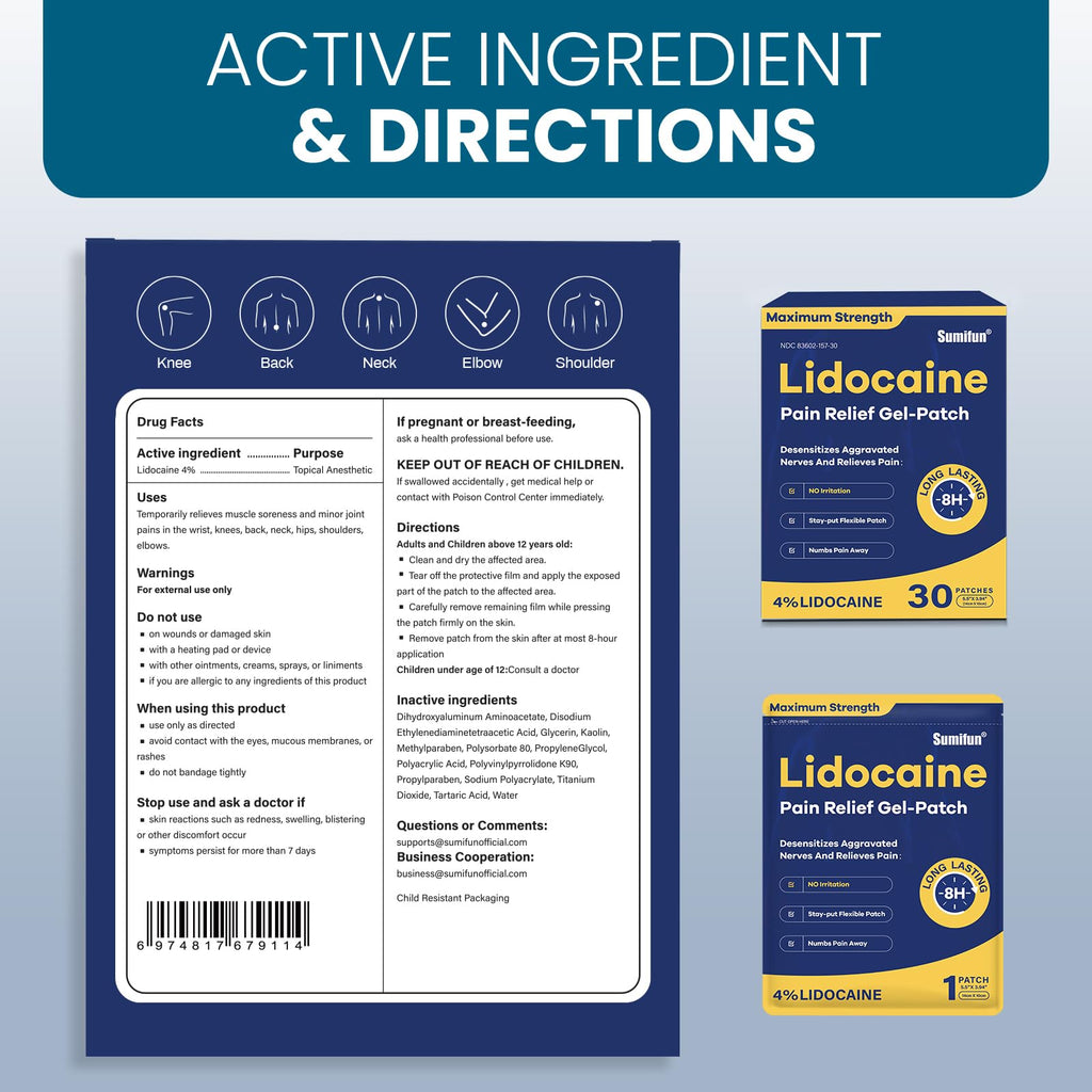 Sumifun 4% Lidocaine Pain Relief Patches 30 Count Maximum Strength Numbing Gel Patch for Back Knee Neck Joint Ache Muscle Soreness Topical Analgesic - FENGGESTORE20