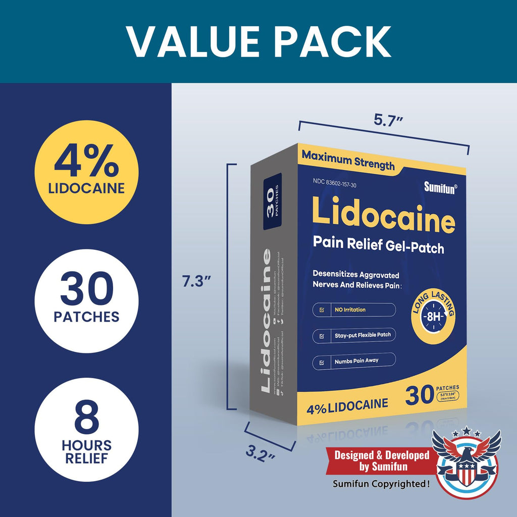 Sumifun 4% Lidocaine Pain Relief Patches 30 Count Maximum Strength Numbing Gel Patch for Back Knee Neck Joint Ache Muscle Soreness Topical Analgesic - FENGGESTORE20