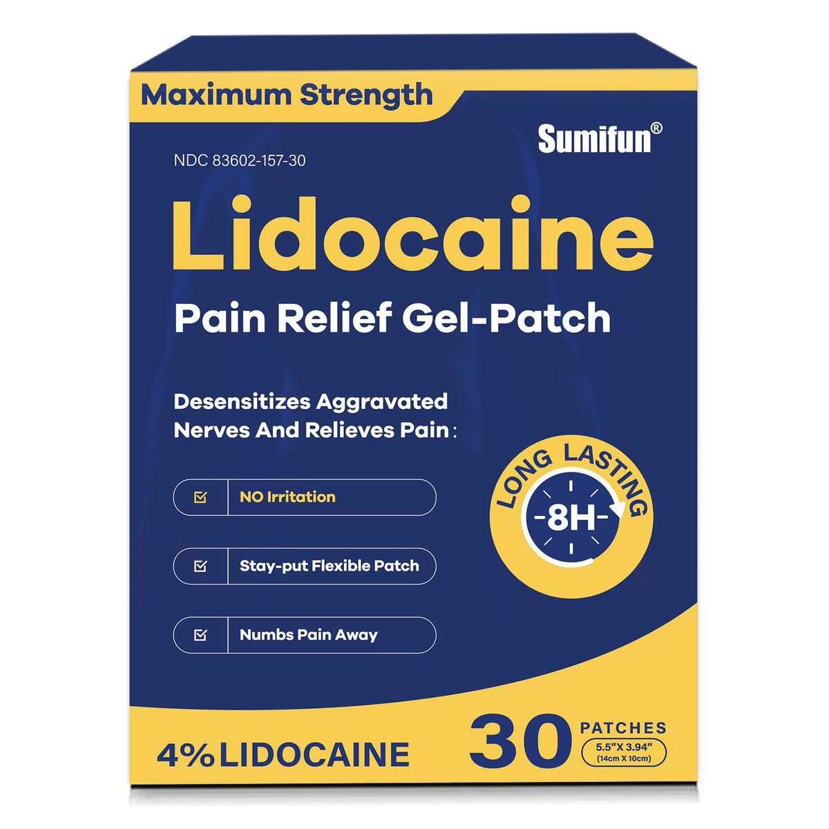 Sumifun 4% Lidocaine Pain Relief Patches 30 Count Maximum Strength Numbing Gel Patch for Back Knee Neck Joint Ache Muscle Soreness Topical Analgesic - FENGGESTORE20