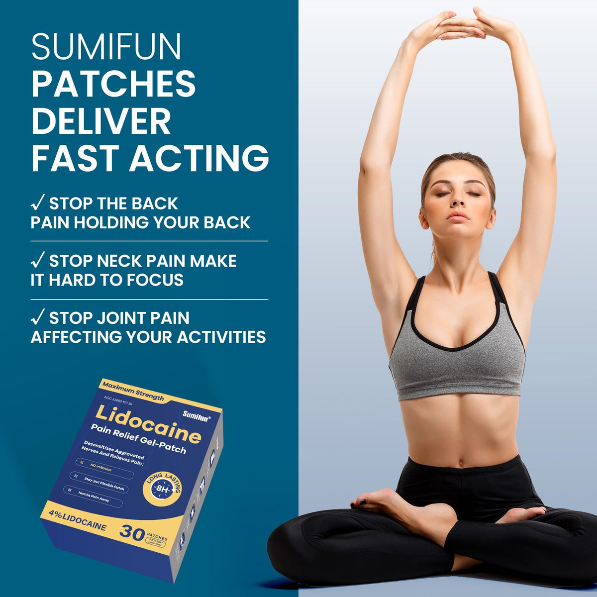 Sumifun 4% Lidocaine Pain Relief Patches 30 Count Maximum Strength Numbing Gel Patch for Back Knee Neck Joint Ache Muscle Soreness Topical Analgesic - FENGGESTORE20