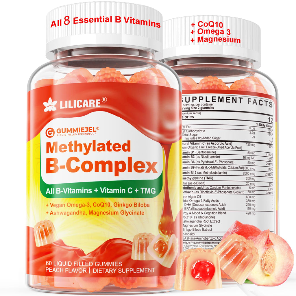 Super Methylated Vitamin B Complex Gummies - All B Vitamins + Omega-3, Magnesium, CoQ10, Ashwagandha,Vitamin C, TMG- For Women Men- Methyl B12 2000 mcg, Methylfolate - FENGGESTORE20