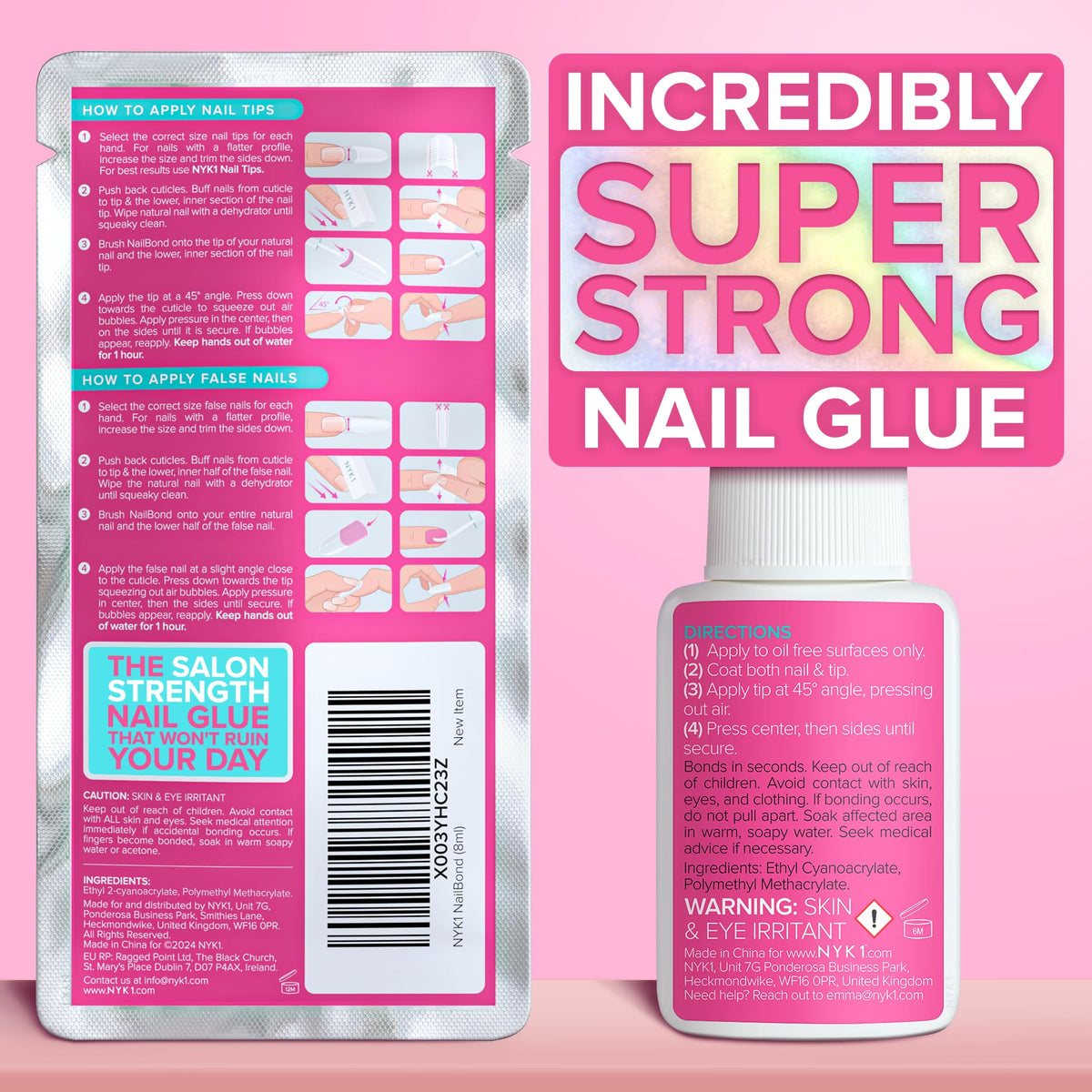 Super Strong Nail Glue for Press On Nails, Nail Tips & Acrylic Nails (8ml) NYK1 NailBond Brush - FENGGESTORE20