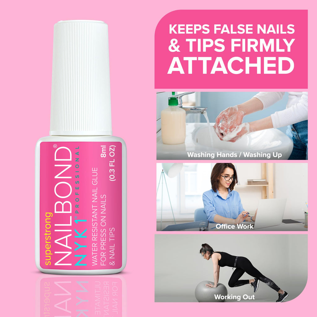 Super Strong Nail Glue for Press On Nails, Nail Tips & Acrylic Nails (8ml) NYK1 NailBond Brush - FENGGESTORE20
