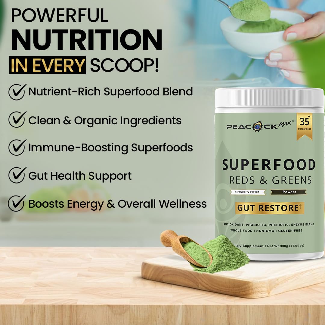 Superfood Reds & Greens Powder - 11.64 oz, Prebiotics & Probiotics for Digestive Health, Super Greens Powder with Ashwagandha for Gut Health, Immunity, Antioxidants, - FENGGESTORE20
