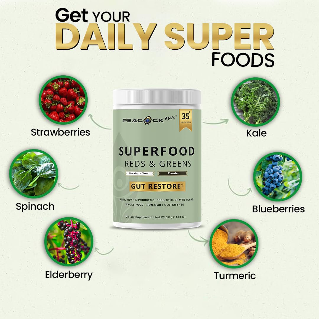 Superfood Reds & Greens Powder - 11.64 oz, Prebiotics & Probiotics for Digestive Health, Super Greens Powder with Ashwagandha for Gut Health, Immunity, Antioxidants, - FENGGESTORE20