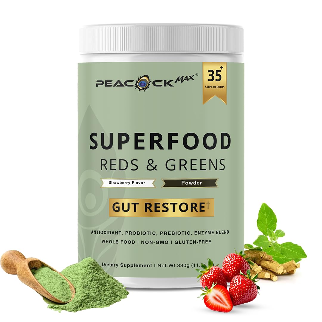 Superfood Reds & Greens Powder - 11.64 oz, Prebiotics & Probiotics for Digestive Health, Super Greens Powder with Ashwagandha for Gut Health, Immunity, Antioxidants, - FENGGESTORE20