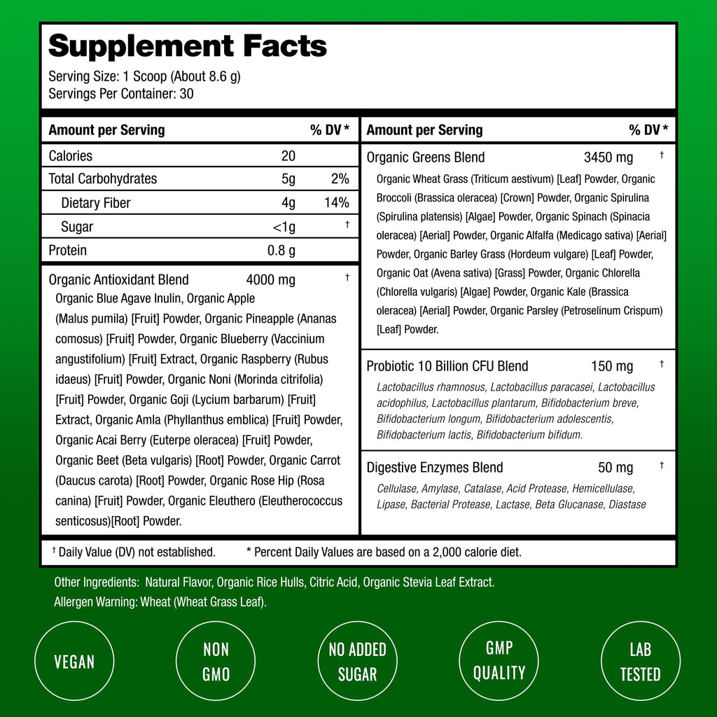 SuperGreens Powder, 40+ Organic Superfoods, Probiotics & Enzymes for Energy, Digestion, Gut Health & Bloating | Organic Fruit & Veggie Drink Mix, Daily Green Juice - FENGGESTORE20