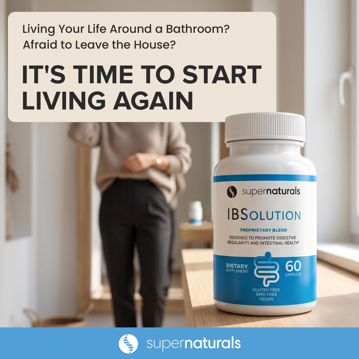 SuperNaturals IBSolution - Made in USA, Non-GMO, Gluten Free & Vegan (60 Capsules) - Digestive Gut Health Supplement With Psyllium Husk - Gas, Bloating, Diarrhea - FENGGESTORE20