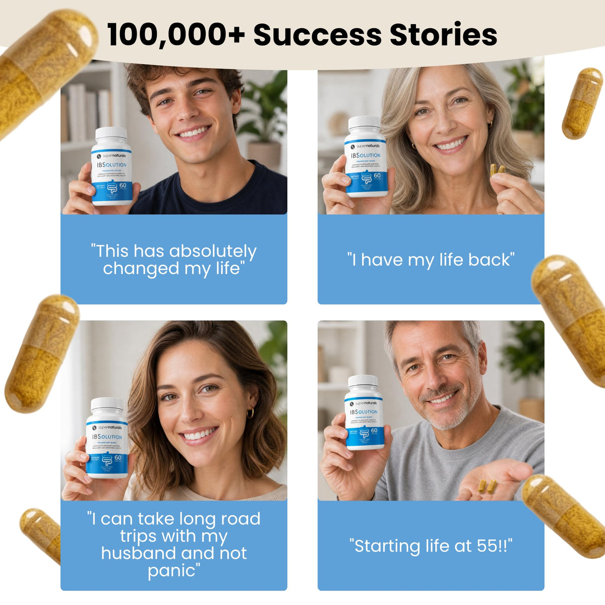 SuperNaturals IBSolution - Made in USA, Non-GMO, Gluten Free & Vegan (60 Capsules) - Digestive Gut Health Supplement With Psyllium Husk - Gas, Bloating, Diarrhea - FENGGESTORE20