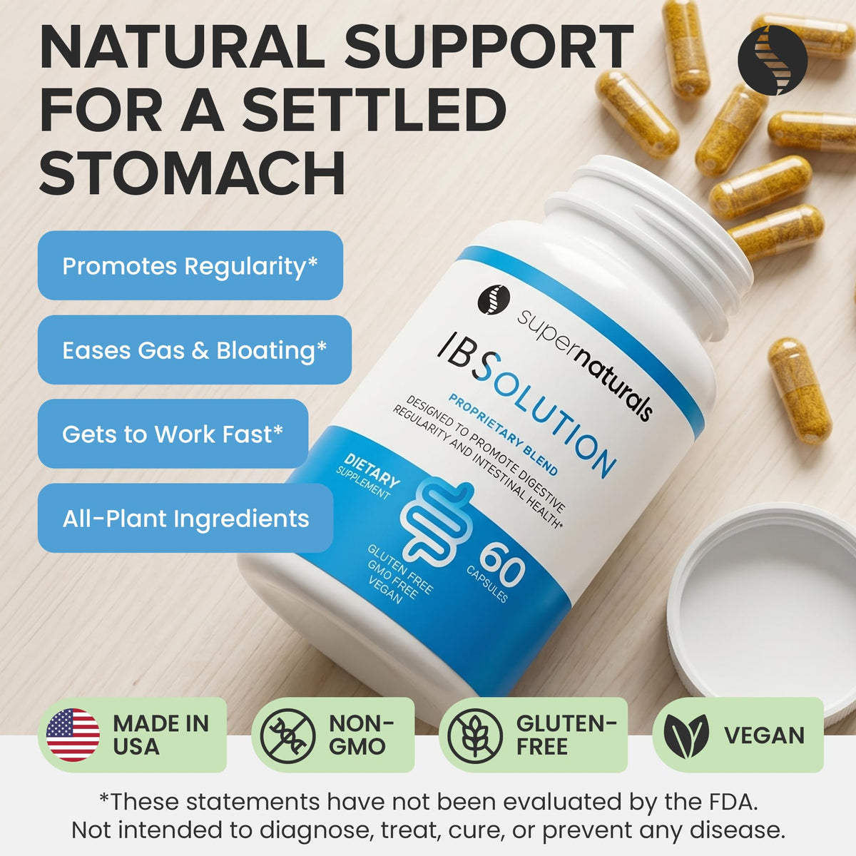 SuperNaturals IBSolution - Made in USA, Non-GMO, Gluten Free & Vegan (60 Capsules) - Digestive Gut Health Supplement With Psyllium Husk - Gas, Bloating, Diarrhea - FENGGESTORE20
