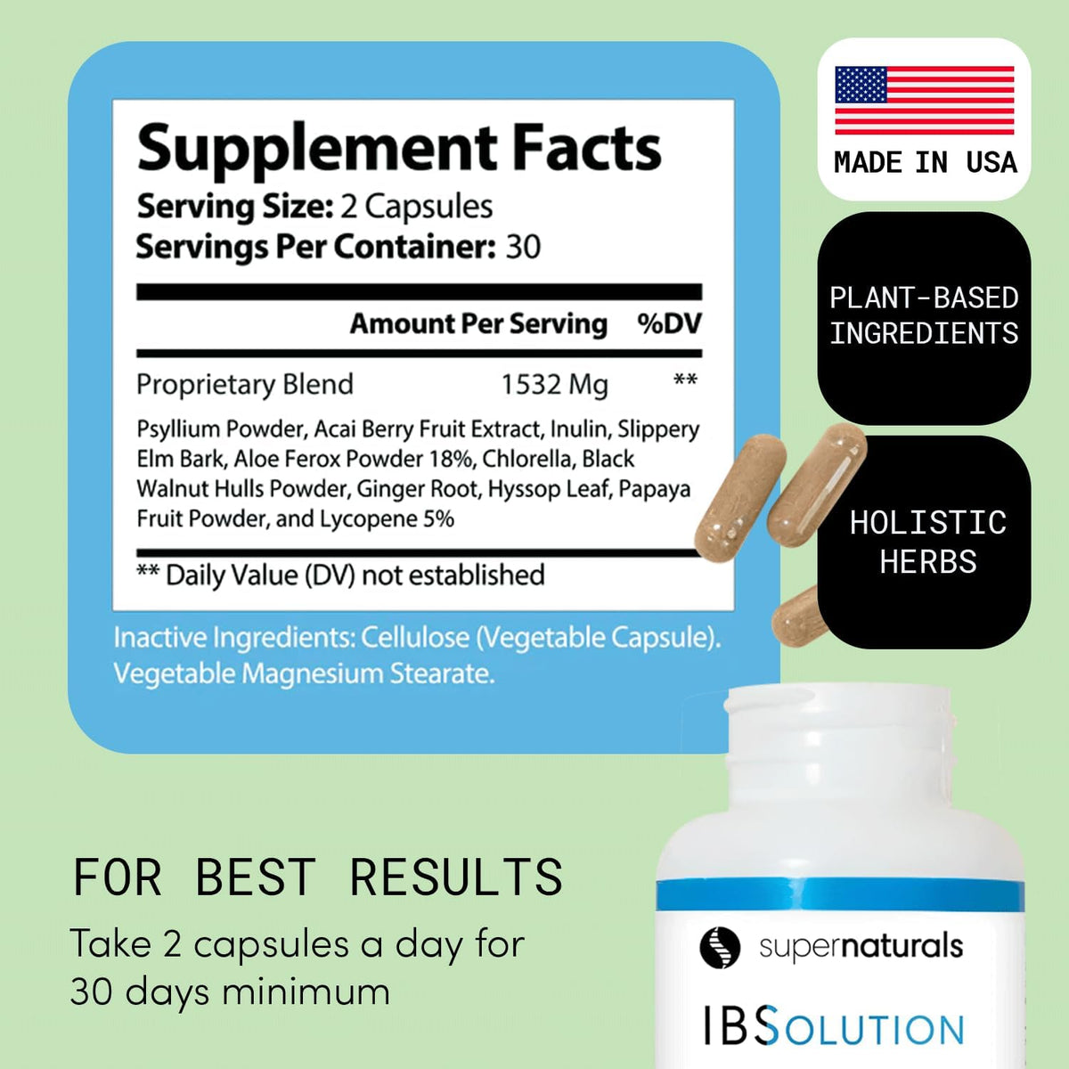 SuperNaturals IBSolution - Made in USA, Non-GMO, Gluten Free & Vegan (60 Capsules) - Digestive Gut Health Supplement With Psyllium Husk - Gas, Bloating, Diarrhea - FENGGESTORE20