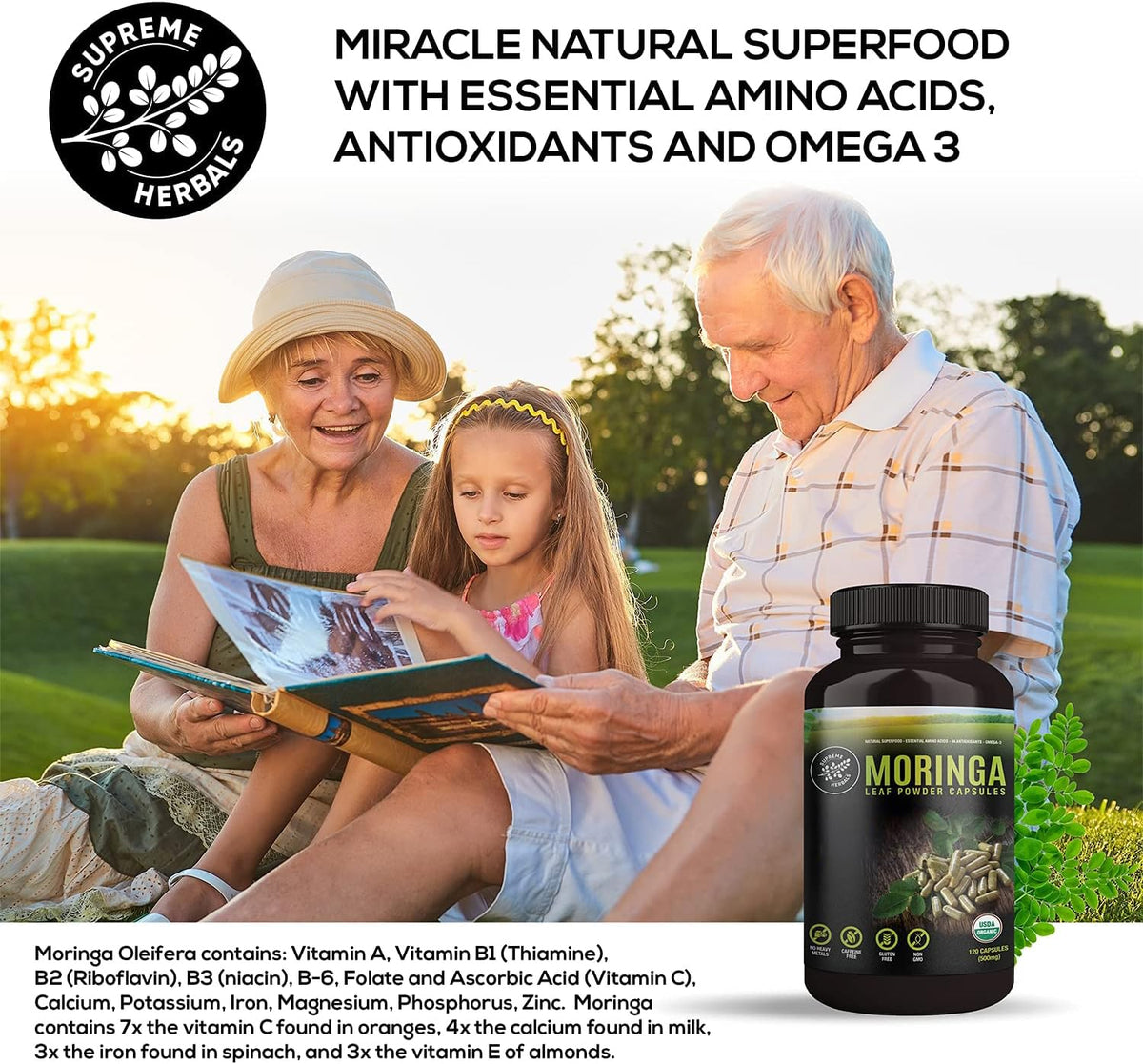 SUPREME HERBALS, 100% Raw and Pure Moringa Leaf Powder Capsules. Organic Certified Moringa Leaf. Natural Superfood with Essential Amino Acids - FENGGESTORE20
