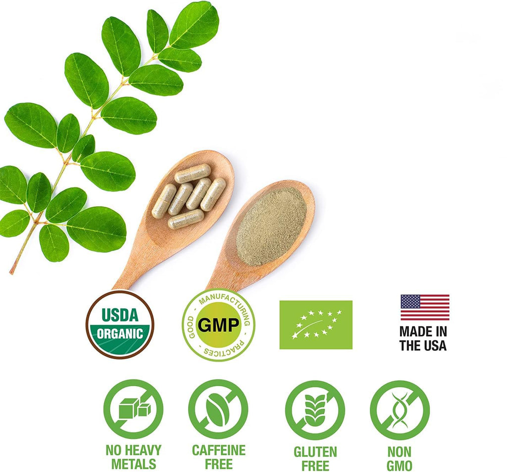 SUPREME HERBALS, 100% Raw and Pure Moringa Leaf Powder Capsules. Organic Certified Moringa Leaf. Natural Superfood with Essential Amino Acids - FENGGESTORE20