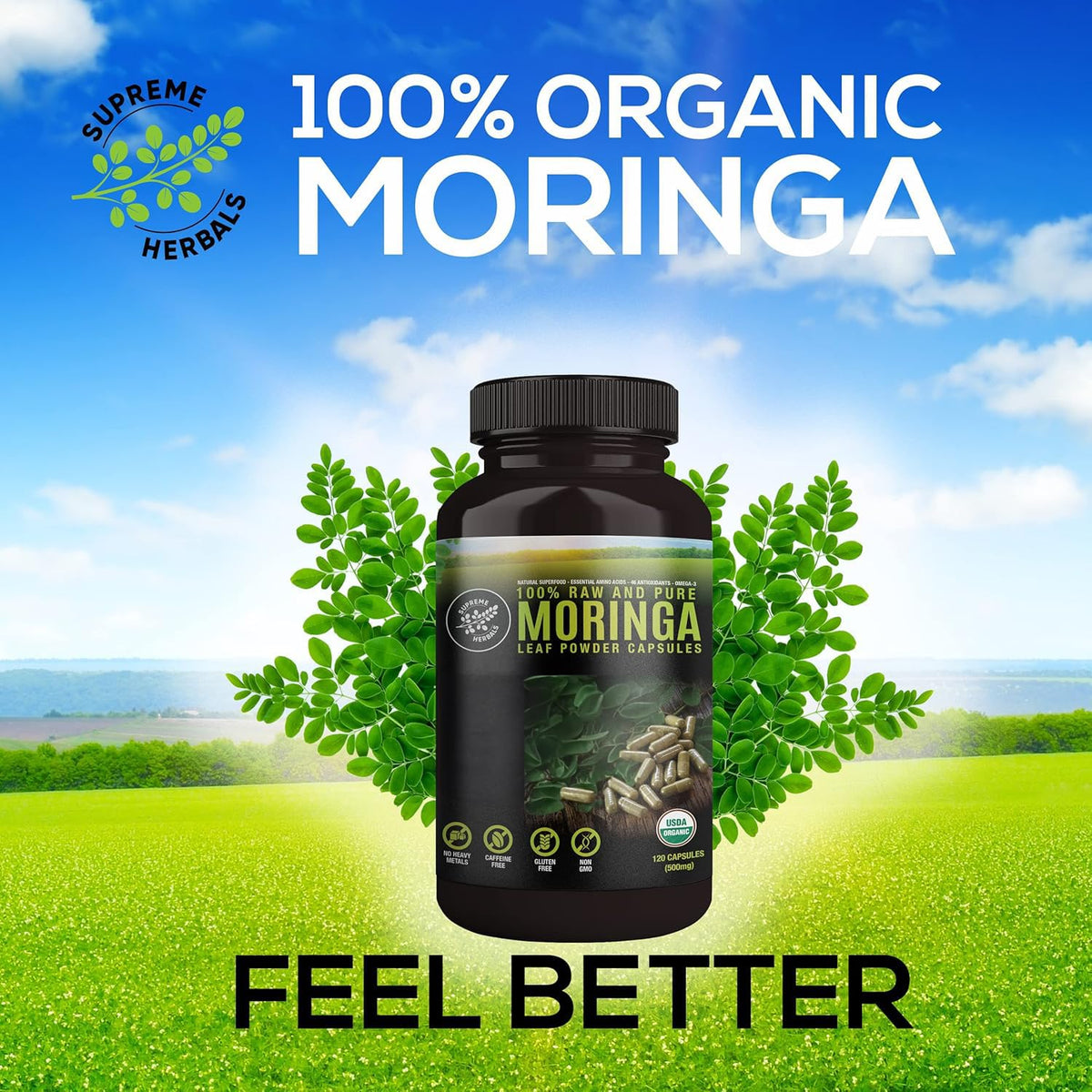 SUPREME HERBALS, 100% Raw and Pure Moringa Leaf Powder Capsules. Organic Certified Moringa Leaf. Natural Superfood with Essential Amino Acids - FENGGESTORE20