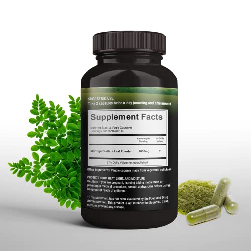 SUPREME HERBALS, 100% Raw and Pure Moringa Leaf Powder Capsules. Organic Certified Moringa Leaf. Natural Superfood with Essential Amino Acids - FENGGESTORE20
