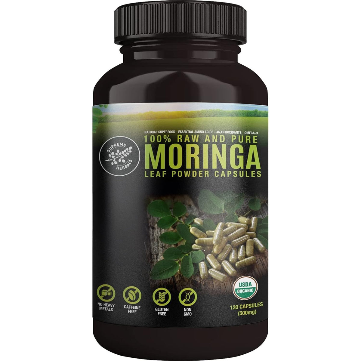 SUPREME HERBALS, 100% Raw and Pure Moringa Leaf Powder Capsules. Organic Certified Moringa Leaf. Natural Superfood with Essential Amino Acids - FENGGESTORE20