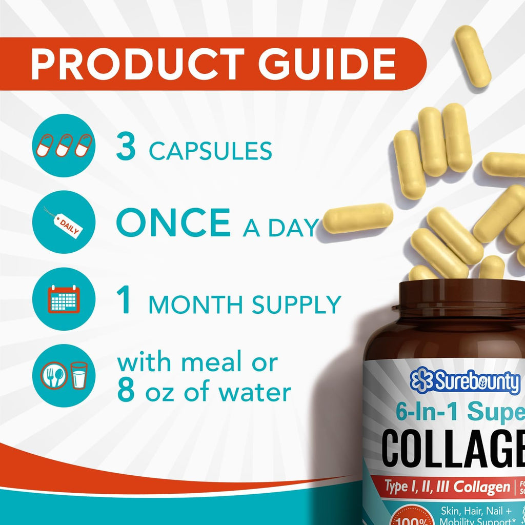 Surebounty Multi Collagen Complex, Type I, II, III, 6-in-1 Super Collagen with Vitamin C, Hyaluronic Acid, Biotin, Turmeric, Black Pepper, Keto, 90 Capsules - FENGGESTORE20