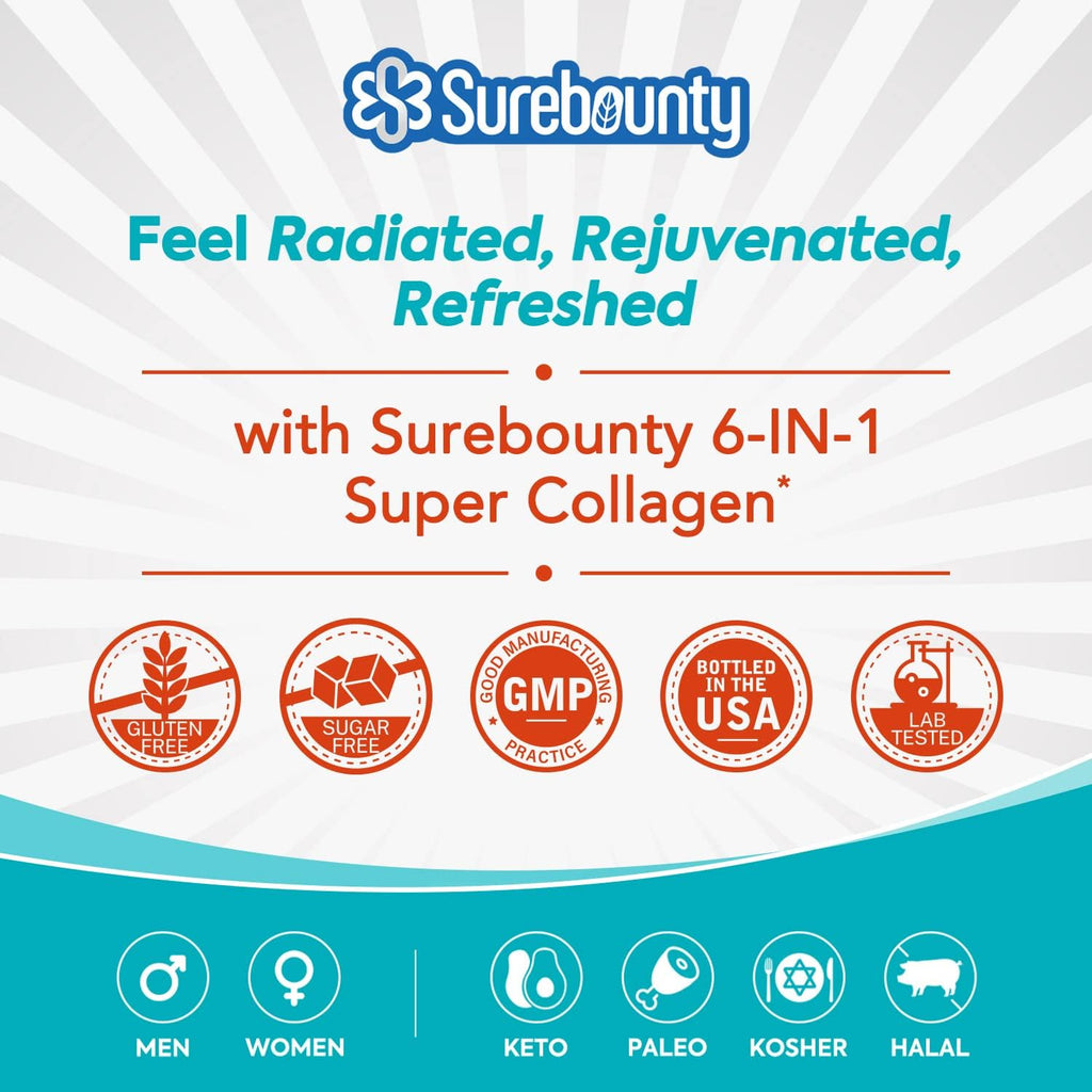 Surebounty Multi Collagen Complex, Type I, II, III, 6-in-1 Super Collagen with Vitamin C, Hyaluronic Acid, Biotin, Turmeric, Black Pepper, Keto, 90 Capsules - FENGGESTORE20
