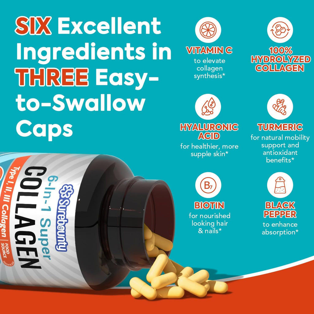 Surebounty Multi Collagen Complex, Type I, II, III, 6-in-1 Super Collagen with Vitamin C, Hyaluronic Acid, Biotin, Turmeric, Black Pepper, Keto, 90 Capsules - FENGGESTORE20