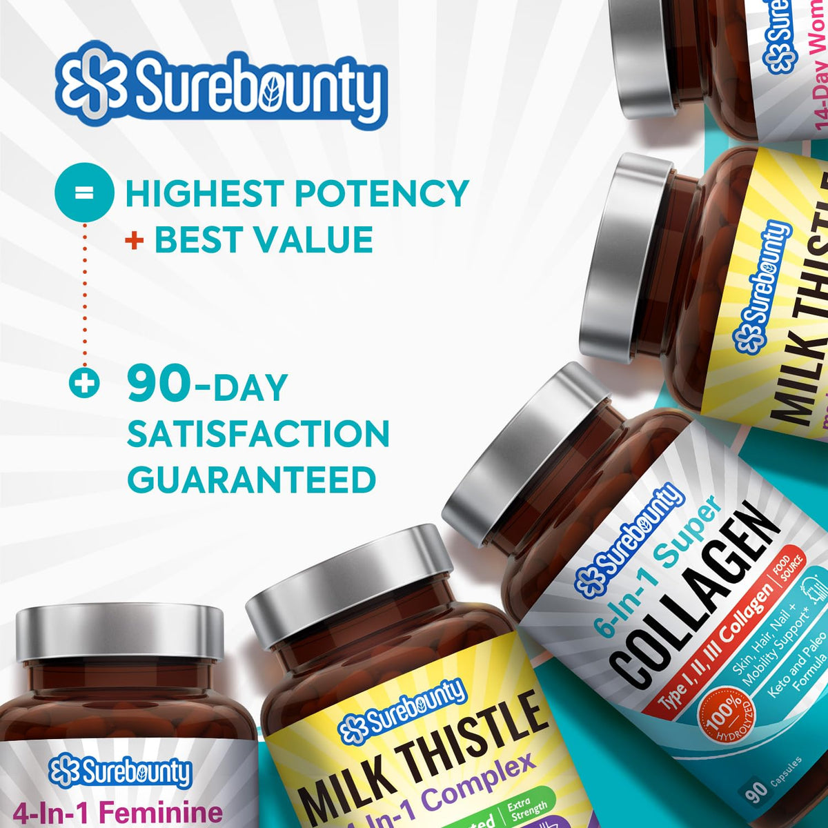 Surebounty Multi Collagen Complex, Type I, II, III, 6-in-1 Super Collagen with Vitamin C, Hyaluronic Acid, Biotin, Turmeric, Black Pepper, Keto, 90 Capsules - FENGGESTORE20