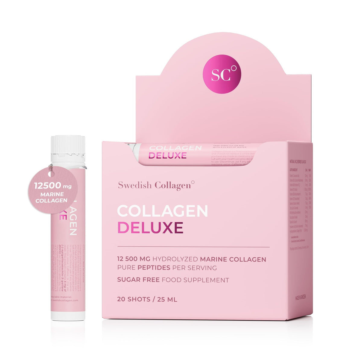 Swedish Collagen Deluxe, 12,500 mg Hydrolyzed Marine Collagen Liquid Supplement - 20 x 25 ml Daily Shots | Hyaluronic Acid, Biotin & Vitamin C for Healthy Hair, Skin, Nails & Joints | Sugar-Free - FENGGESTORE20
