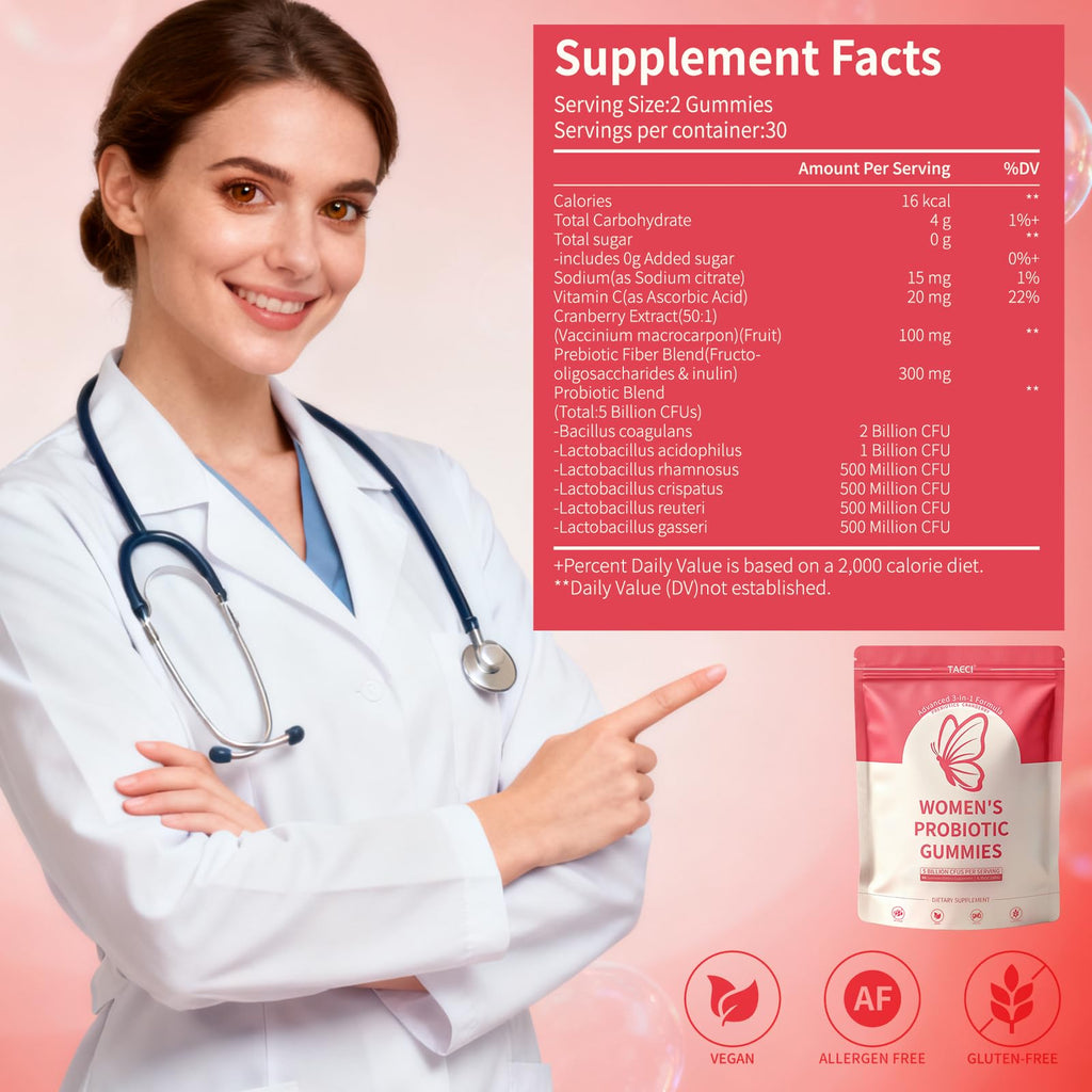 Taeci Vaginal Probiotic Gummies for Women – 5 Billion CFU with Prebiotic & Cranberry Extract – Supports pH Balance, Healthy Odor & Gut Health - FENGGESTORE20