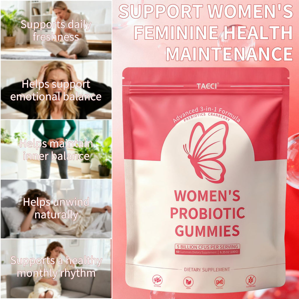 Taeci Vaginal Probiotic Gummies for Women – 5 Billion CFU with Prebiotic & Cranberry Extract – Supports pH Balance, Healthy Odor & Gut Health - FENGGESTORE20