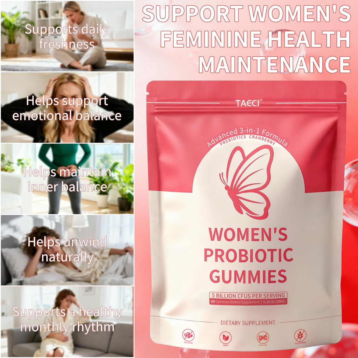 Taeci Vaginal Probiotic Gummies for Women – 5 Billion CFU with Prebiotic & Cranberry Extract – Supports pH Balance, Healthy Odor & Gut Health - FENGGESTORE20
