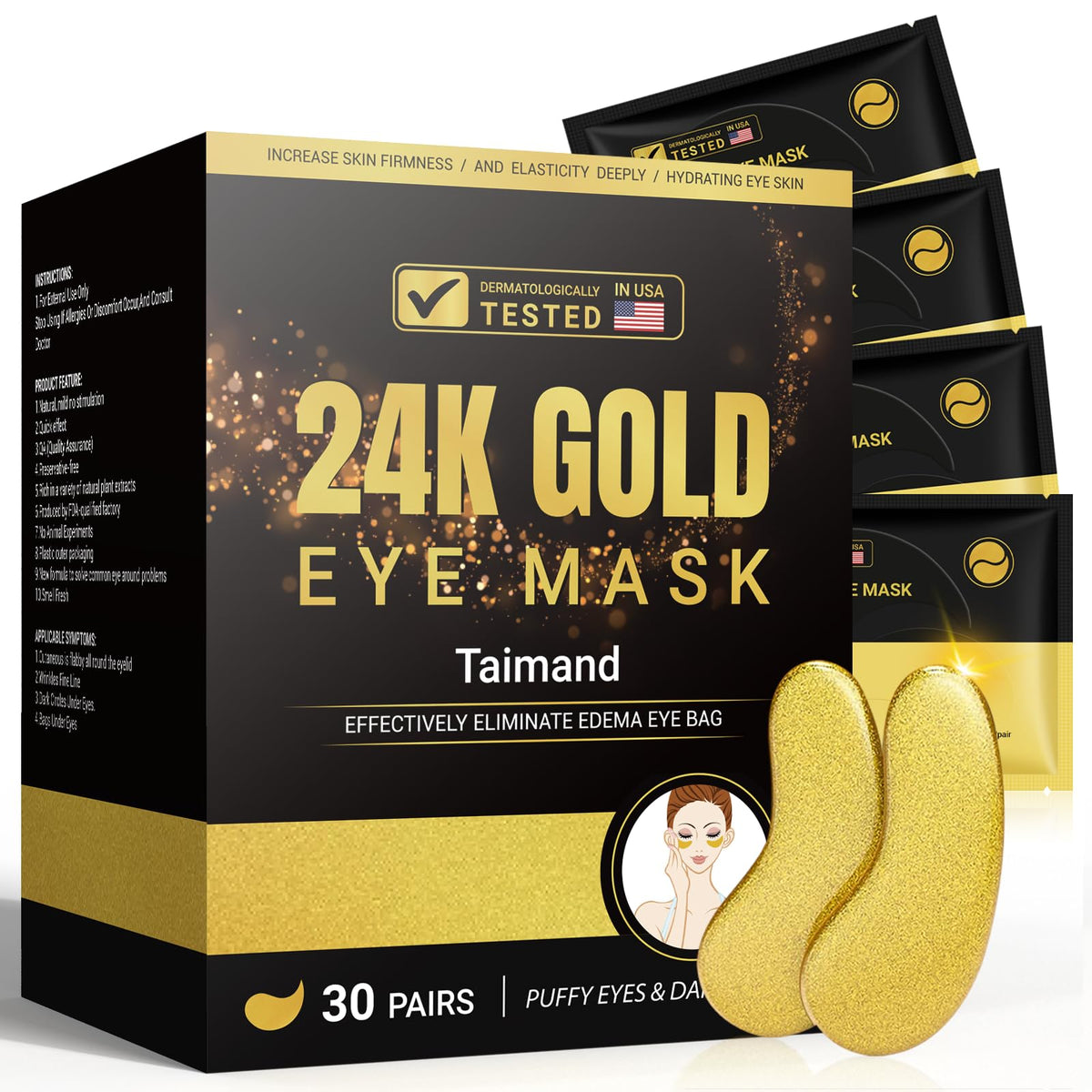 Taimand Under Eye Patches (30 Pairs), 24K Gold Under Eye Mask for Puffy Eyes, Dark Circles,Bags and Wrinkles with Collagen - FENGGESTORE20