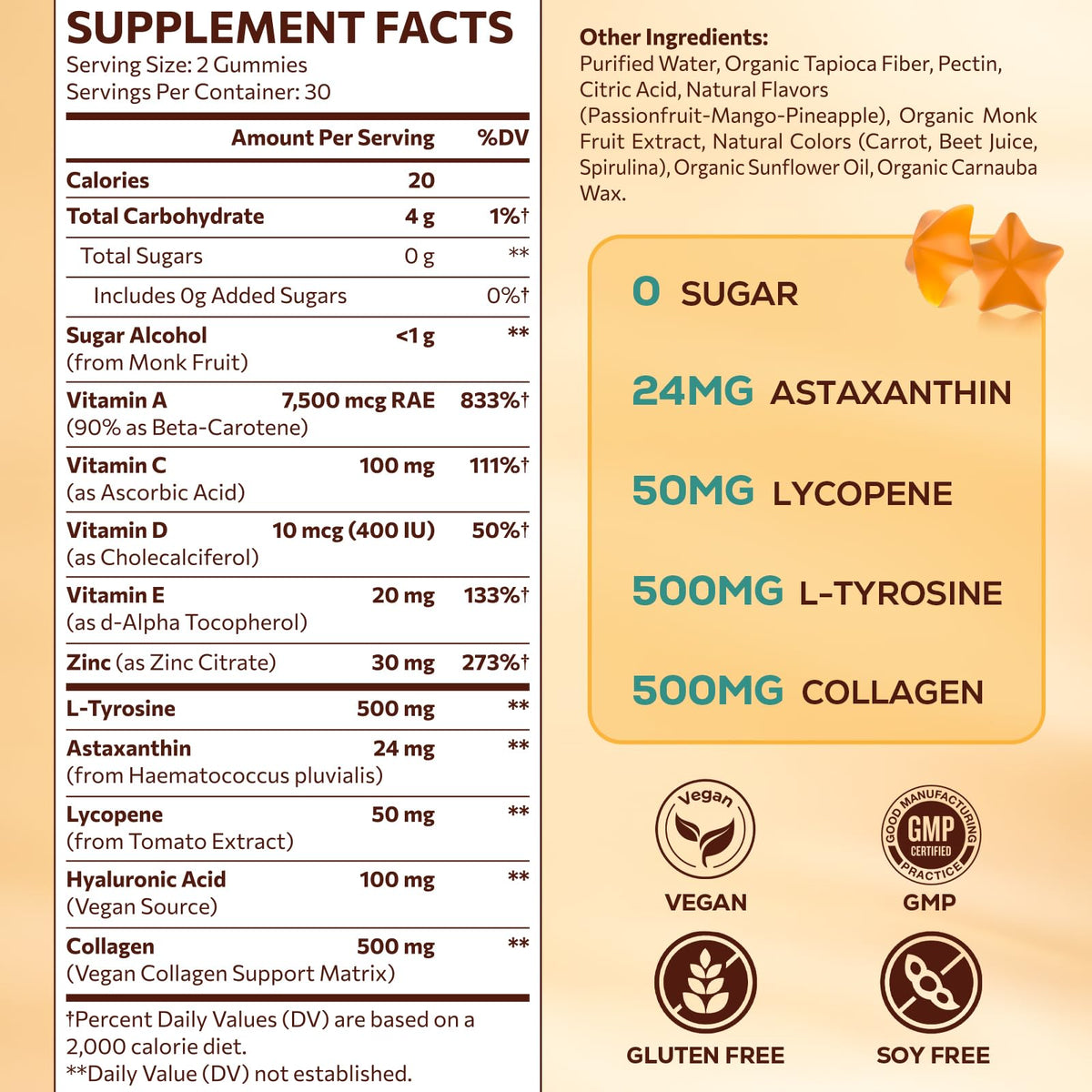 Tanning Gummies with Astaxanthin for Women and Men | Sunless Tanning Supplement with Beta Carotene, Lycopene, Collagen & Vitamins | Skin Radiance & Hydration | Vegan & Sugar Free - 60 Count - FENGGESTORE20