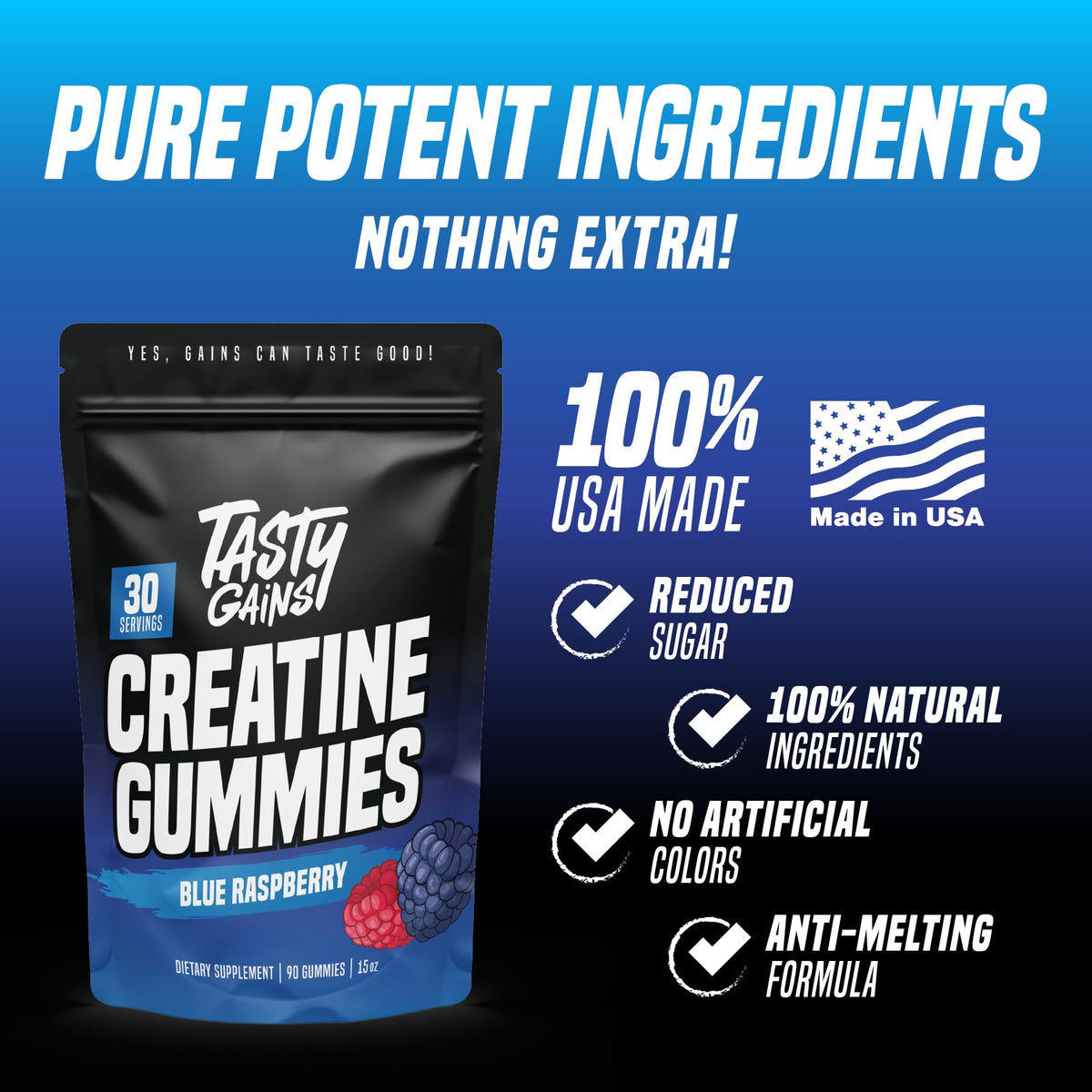 TASTY GAINS Creatine Gummies - 90g of Creatine Monohydrate - Workout Supplements - Build Muscle & Boost Strength for Men & Women - Made in USA - FENGGESTORE20