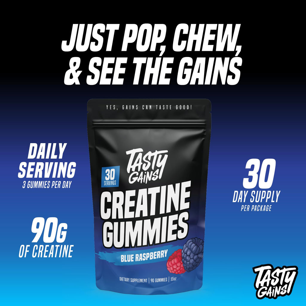 TASTY GAINS Creatine Gummies - 90g of Creatine Monohydrate - Workout Supplements - Build Muscle & Boost Strength for Men & Women - Made in USA - FENGGESTORE20