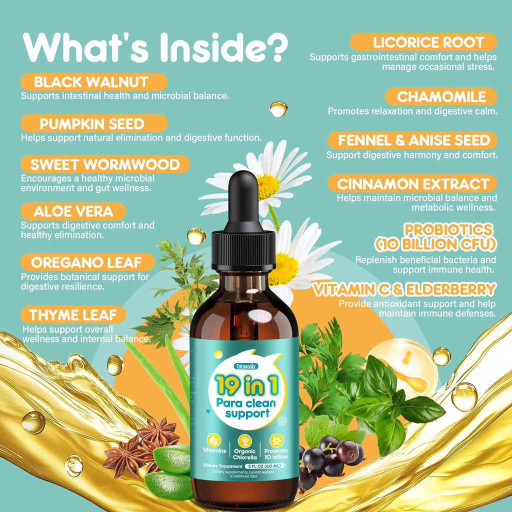 Tatavonix 19 in 1 Herbal Gut Cleanse Drops – Wormwood, Black Walnut, Chlorella 250mg, 10B Probiotics, Clove & Oregano - FENGGESTORE20