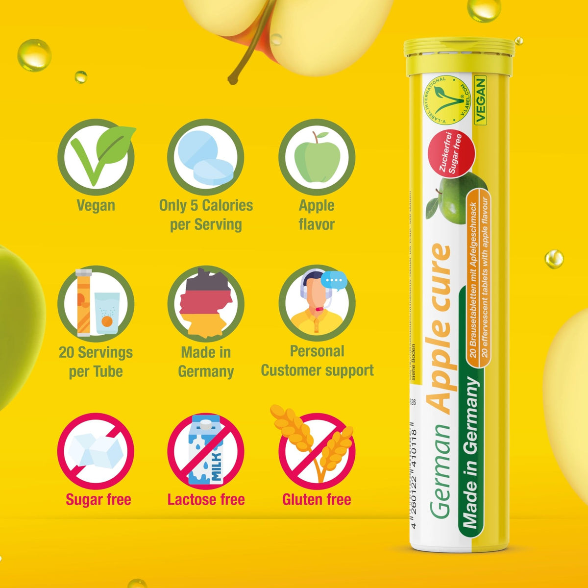 T&D German Apple Cure - 40 Vegan Drink Effervescent Tablets - Apple Flavor - Made in Germany - FENGGESTORE20