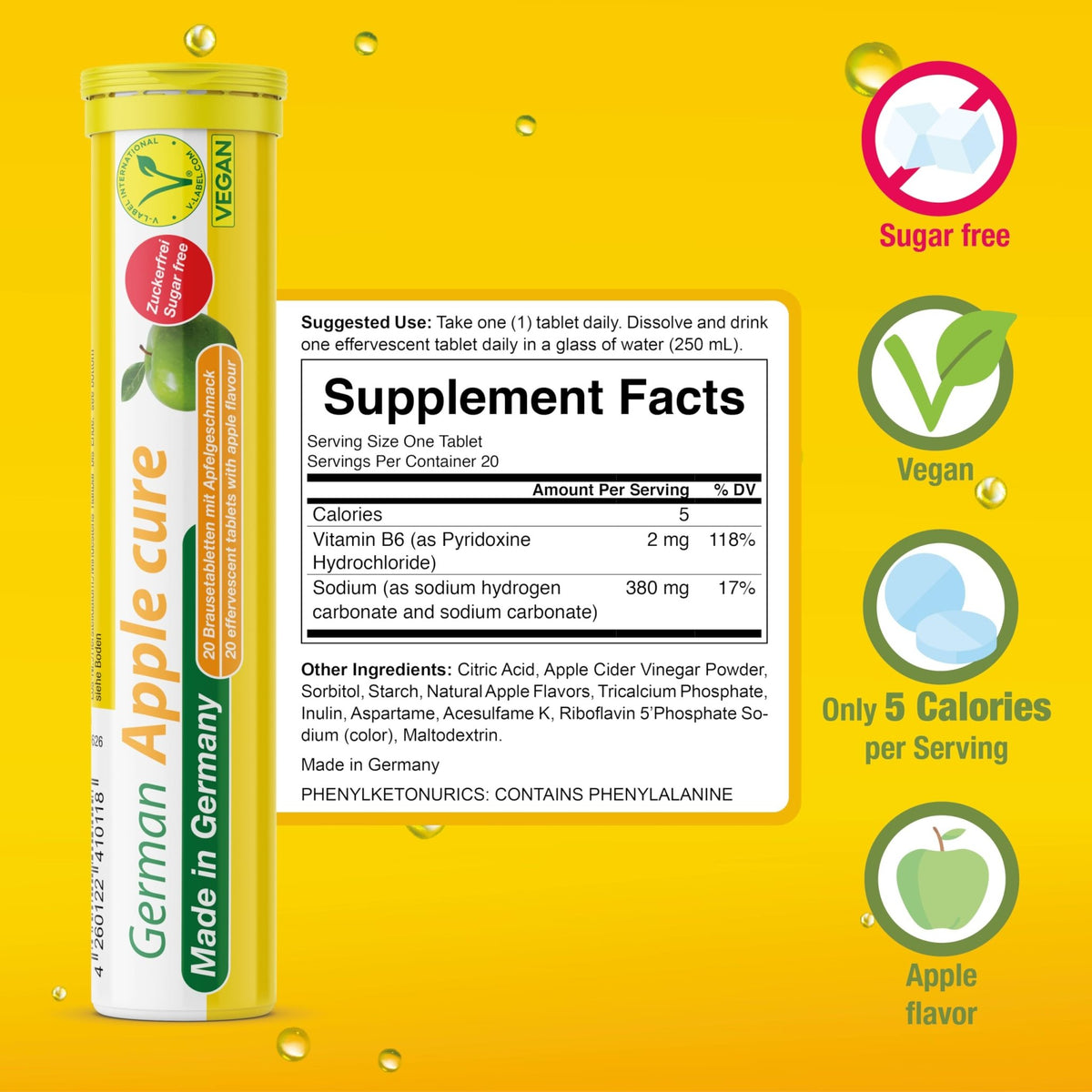 T&D German Apple Cure - 40 Vegan Drink Effervescent Tablets - Apple Flavor - Made in Germany - FENGGESTORE20