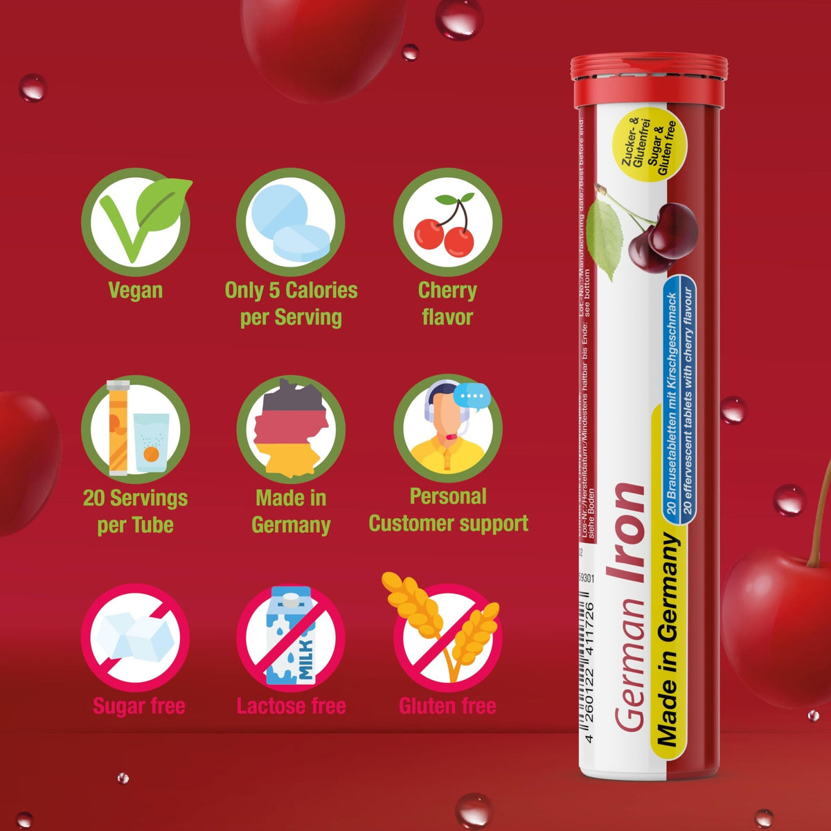 T&D German Iron 14 mg - 140 Vegan Drink Effervescent Tablets - Cherry Flavor - Made in Germany - FENGGESTORE20