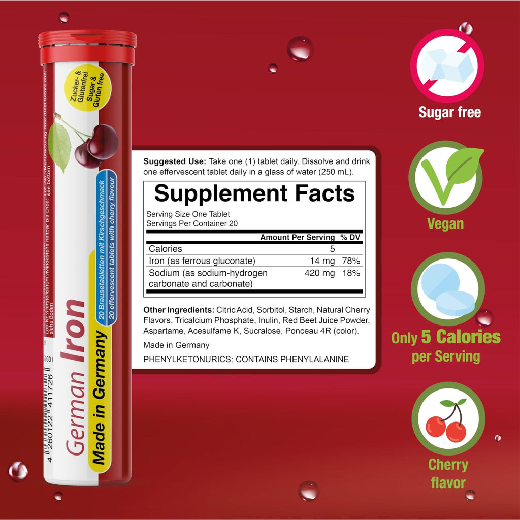 T&D German Iron 14 mg - 140 Vegan Drink Effervescent Tablets - Cherry Flavor - Made in Germany - FENGGESTORE20
