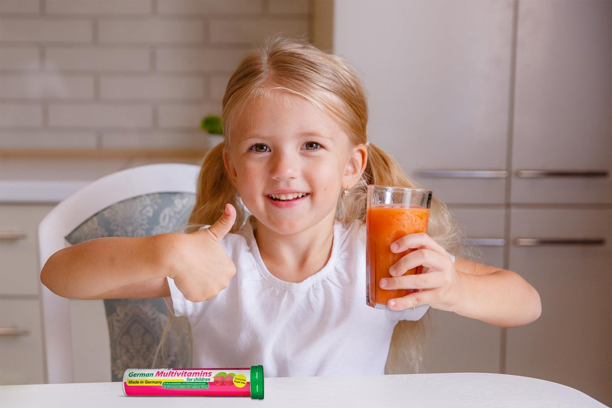 T&D German Multivitamin for Children 60 Drink Effervescent Tablets - Sweet Raspberry Flavour, Sugar Free, Vegan - Vitamin C, E, B1, B2, B6, B12, Folic Acid, Niacin Pharma – Made in Germany - FENGGESTORE20