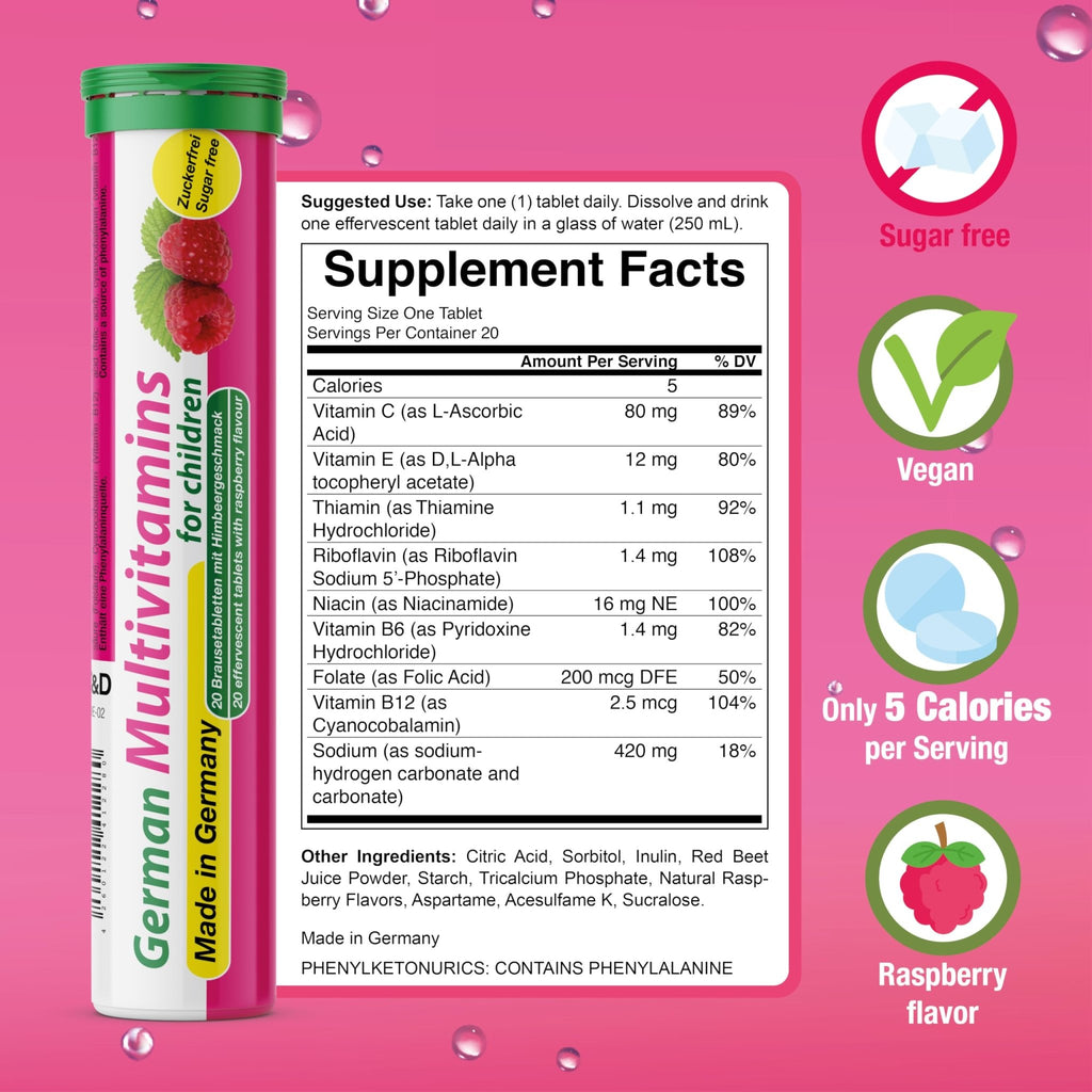 T&D German Multivitamin for Children 60 Drink Effervescent Tablets - Sweet Raspberry Flavour, Sugar Free, Vegan - Vitamin C, E, B1, B2, B6, B12, Folic Acid, Niacin Pharma – Made in Germany - FENGGESTORE20