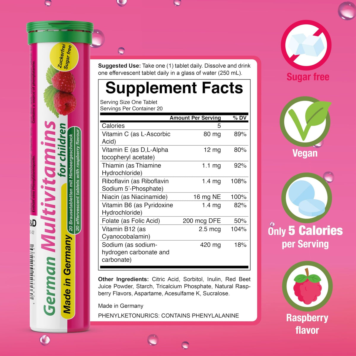 T&D German Multivitamin for Children 60 Drink Effervescent Tablets - Sweet Raspberry Flavour, Sugar Free, Vegan - Vitamin C, E, B1, B2, B6, B12, Folic Acid, Niacin Pharma – Made in Germany - FENGGESTORE20